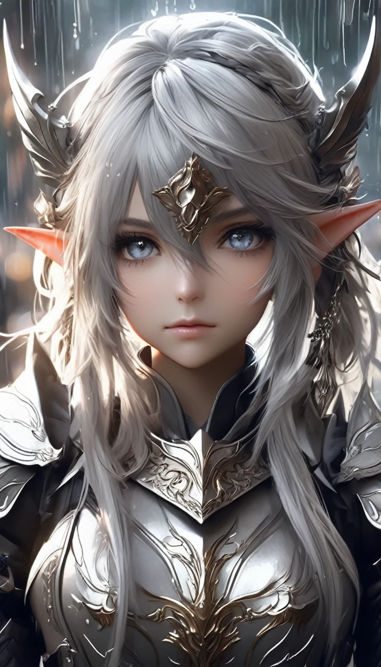 1girl, rain, armor, solo, pointy_ears, shoulder_armor, elf, long_hair, pauldrons, breastplate, looking_at_viewer, grey_eyes, weapon, white_hair, gauntlets, braid, holding, hair_between_eyes, jewelry, earrings, plate_armor, cowboy_shot, avatar_(ff14), holding_weapon, outdoors, closed_mouth, standing.