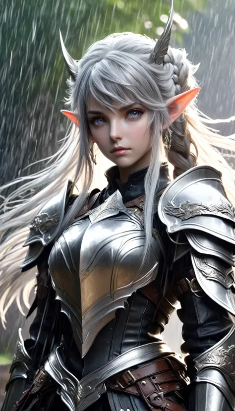 1girl, rain, armor, solo, pointy_ears, shoulder_armor, elf, long_hair, pauldrons, breastplate, looking_at_viewer, grey_eyes, wea...