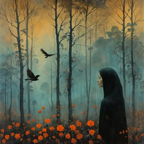 painting of a woman with a long veil and a bird in a forest, zdzislaw beksisnski, zdzislaw beksiński, surrealist painting, draga...