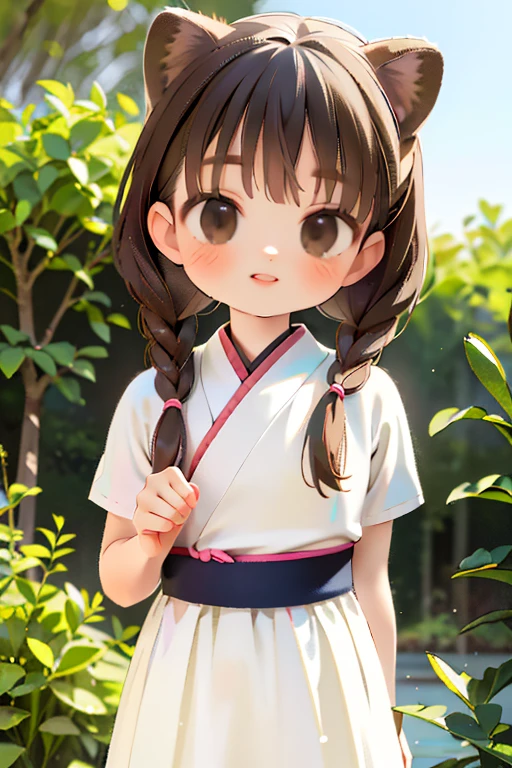 (Best Quality,16k,High resolution,masterpiece:1.2), very detailed, (Deformed, Realistic, Realistic:1.3)，very ，pretty girl，very short stature，Flat Chest，Laugh happily, Brown eyes，length, Fluffy, Black hair braids，White Dress，Admire the Japanese raccoon dog，The raccoon is much bigger than the girl.....，Tanuki is a Japanese raccoon dog，The midsummer background is the garden of a country house，Clothes that become transparent due to sweat，