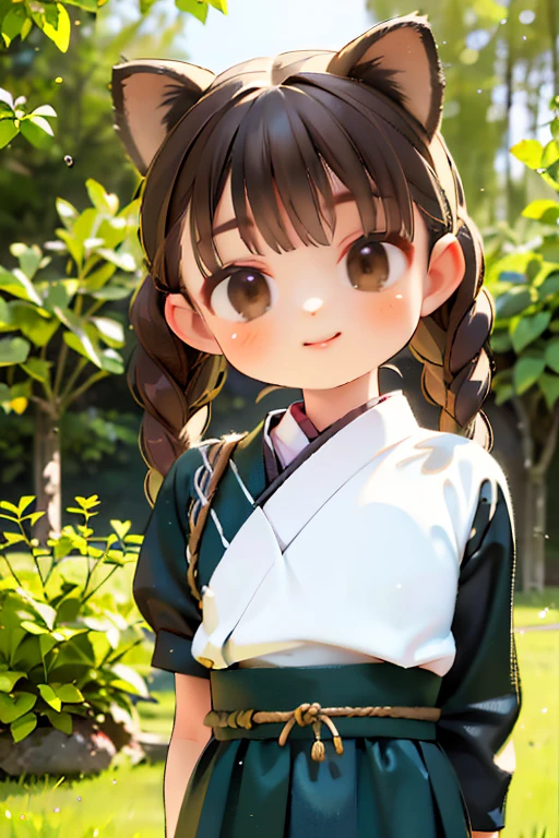 (Best Quality,16k,High resolution,masterpiece:1.2), very detailed, (Deformed, Realistic, Realistic:1.3)，very ，pretty girl，very short stature，Flat Chest，Laugh happily, Brown eyes，length, Fluffy, Black hair braids，White Dress，Admire the Japanese raccoon dog，The raccoon is much bigger than the girl.....，Tanuki is a Japanese raccoon dog，The midsummer background is the garden of a country house，Clothes that become transparent due to sweat，