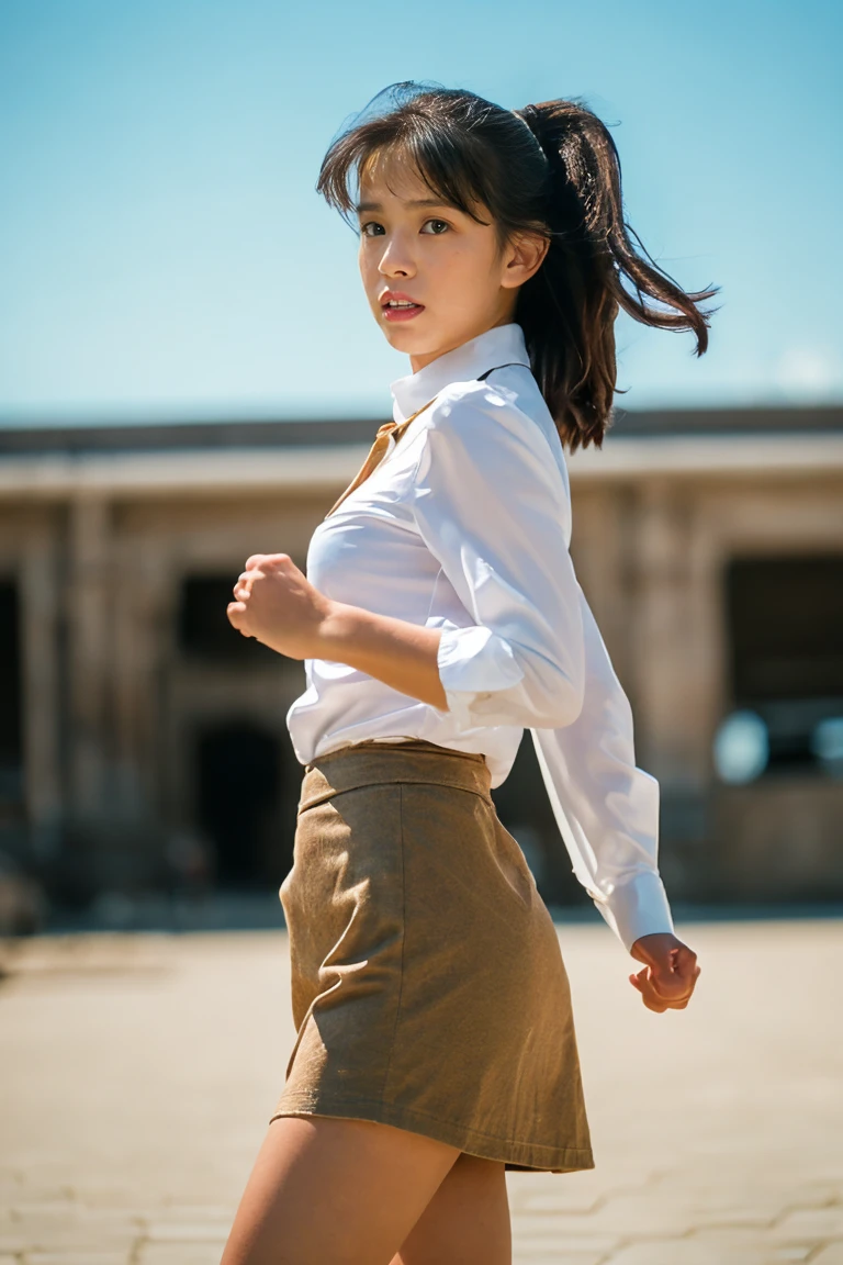 (masterpiece, top-quality:1.3), 8k, UHD, extremely detailed, detailed skin, real life photograph, (photorealistic, raw photography:1.4), (high resolution, hyper-realistic), depth of field, 80s action movie, 1girl, stern face, white shirt, brown vest, brown mini skirt, fighting stance, kicking, full body