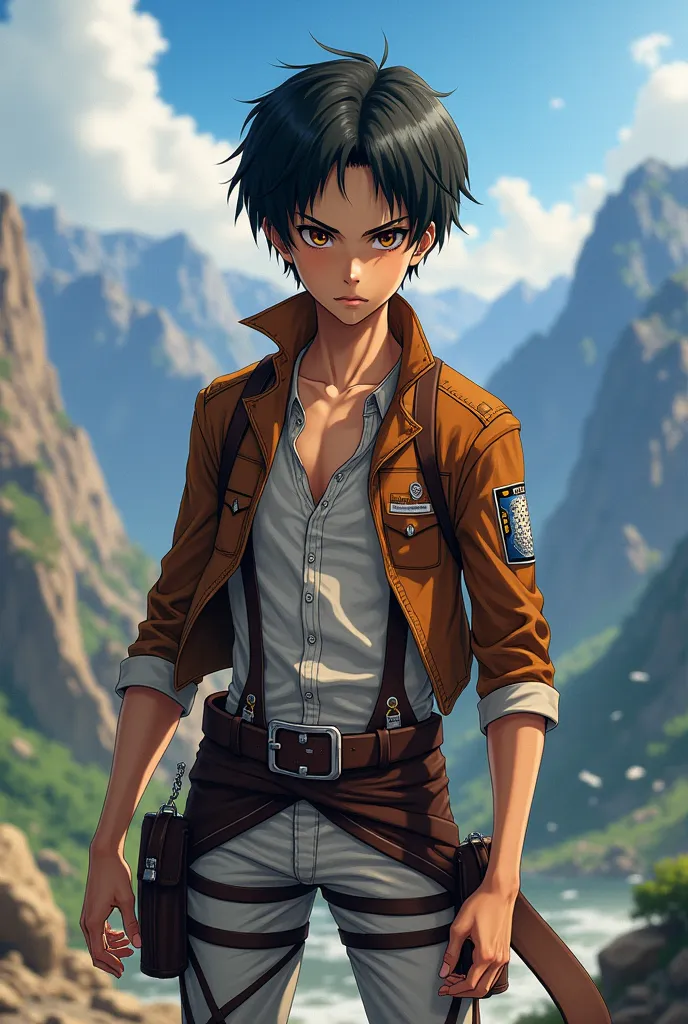 Make a character look like eren yeager but have tan skin brown eyes.With.Wit studious.Attack on titan.with conqueror haki.looking at camera with intense stare in moutain place with conqueror haki.one piece.abity.