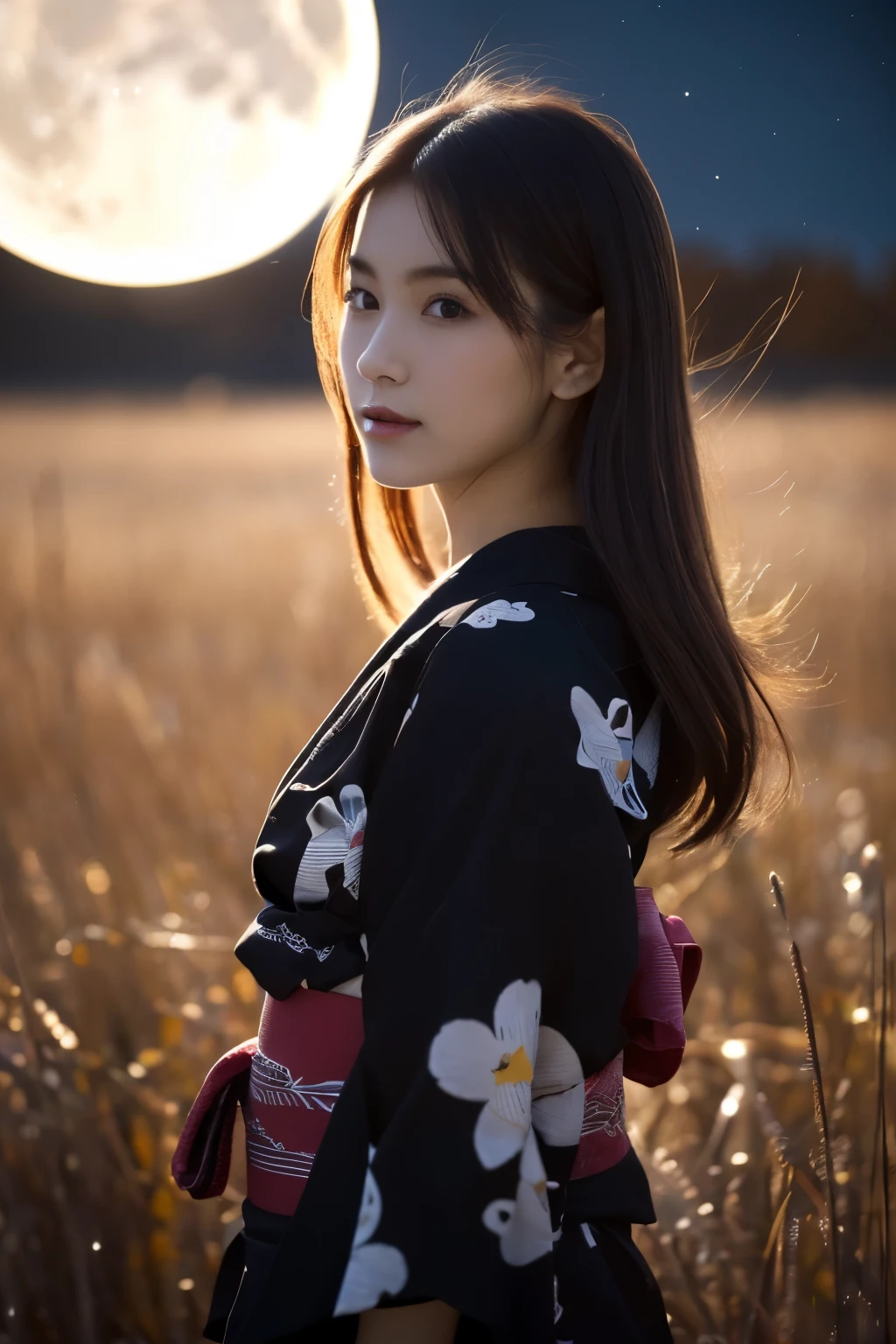 1 girl, (She is wearing a cute yukata:1.2), Very beautiful Japanese idol portraits(RAW Photo Best Quality), (Realistic, Realistic:1.4), (masterpiece), 
Very delicate and beautiful, Very detailed, 2k wallpaper, wonderful, finely, Very detailed CG Unity 8K wallpaper, Very detailed, High resolution, Soft Light, 
Beautiful detailed girl, Very detailed目と顔, Beautiful and sophisticated nose, Beautiful beautiful eyes, Cinema Lighting, 
(Moonlit night in late autumn、I was standing in a desolate field:1.3), (Big Moon), (Full-body silhouette of a girl floating in the moonlight:1.2), (Dark screen:1.5), (Desolate landscape), (I am so lonely),
(Medium Hair), (Hair blowing in the wind), 
Perfect Anatomy, Slender body, Small breasts