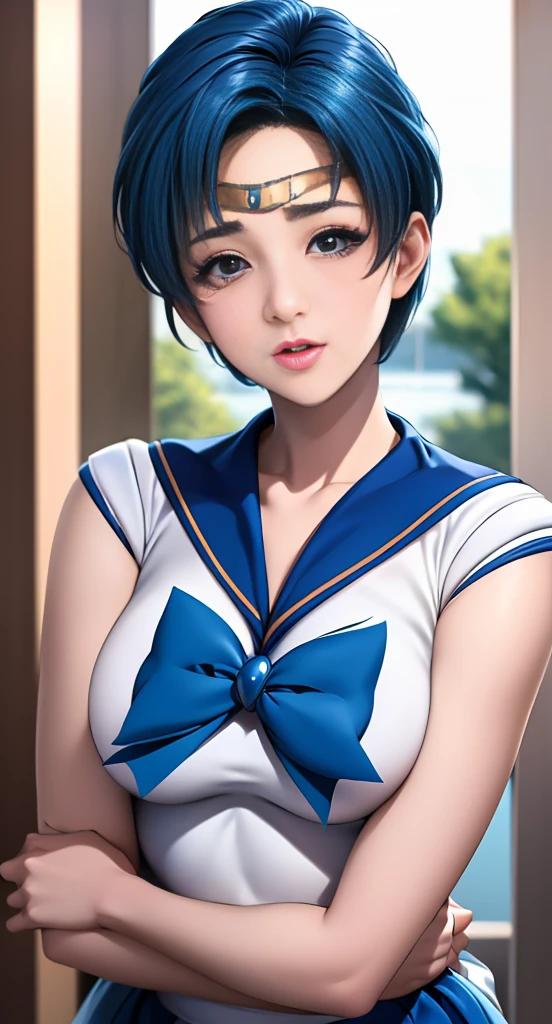 beauty、Very cute face、Outstanding proportions、Best image quality、masterpiece、8k、Soft look、Upper body only、(Sailor Mercury、Every detail、Delicate details)