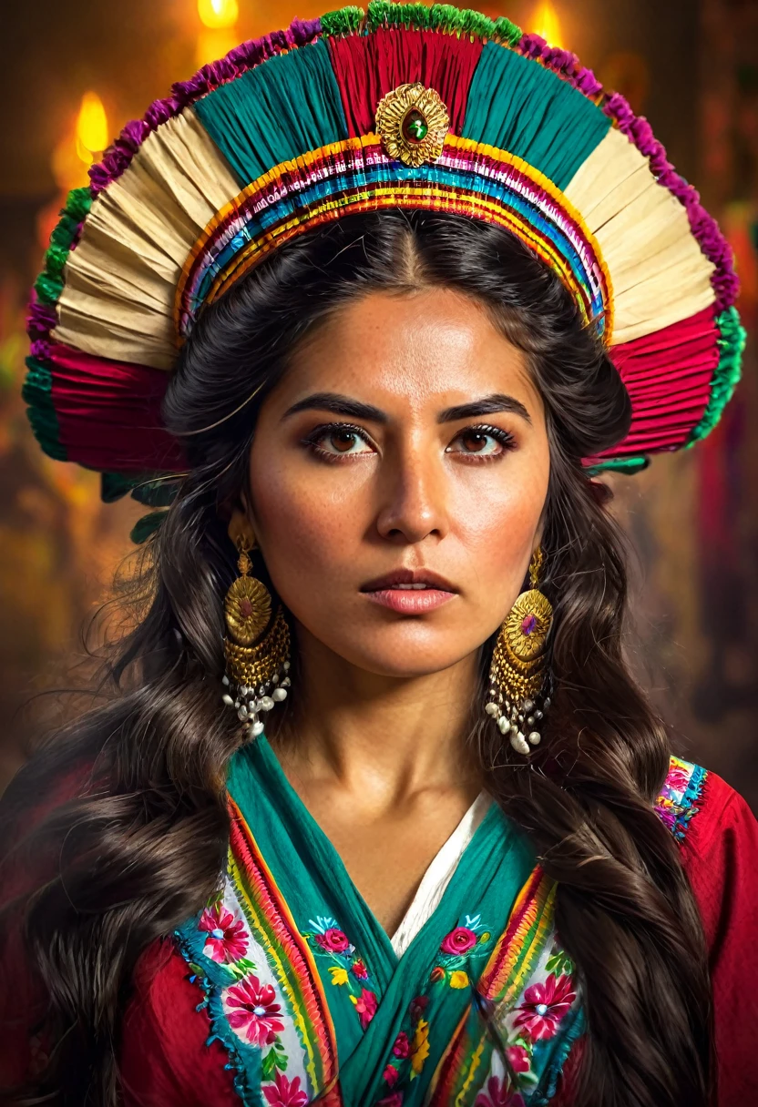 A beautiful Mexican woman, historical figure, in the Mexican revolution, detailed portrait, long flowing hair, intense eyes, regal expression, ornate headpiece, traditional Mexican clothing, dramatic lighting, vivid colors, cinematic composition, (best quality,4k,8k,highres,masterpiece:1.2),ultra-detailed,(realistic,photorealistic,photo-realistic:1.37),digital painting