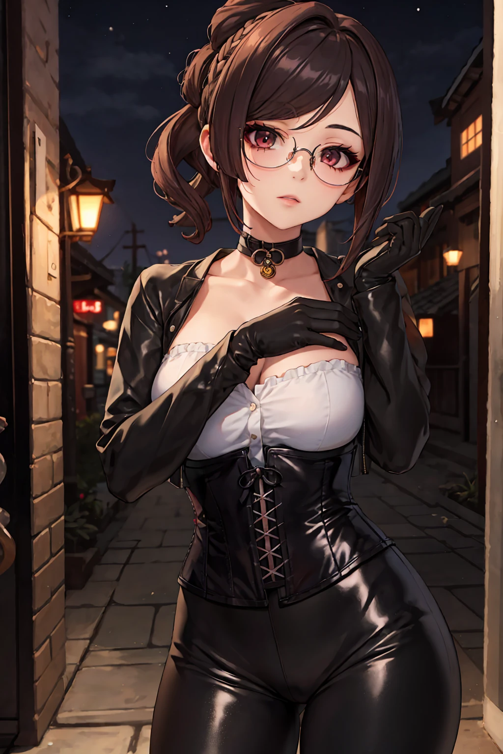 1 girl, Chiori \(genshin impact\), Alone, choker:1.6, White long sleeve shirt with long sleeve collar, black leather corset, black gloves that cover your hands, shiny black leggings, glasses, looking at the viewer,, inside, depth of field, expressionless, alley, at night