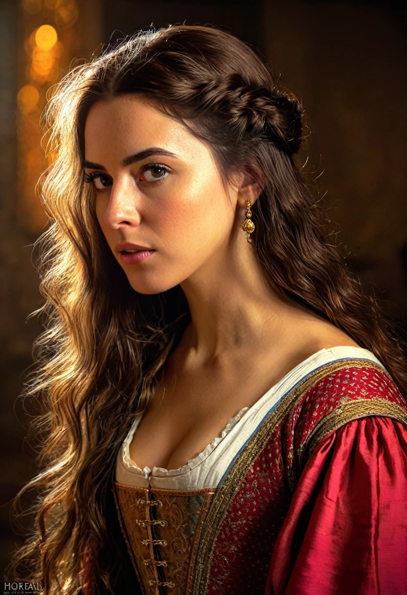 A beautiful Spanisg woman, historical figure, in the 1400's, detailed portrait, long flowing hair, intense eyes, regal expression, traditional 1400's clothing, dramatic lighting, vivid colors, cinematic composition, (best quality,4k,8k,highres,masterpiece:1.2),ultra-detailed,(realistic,photorealistic,photo-realistic:1.37),digital painting