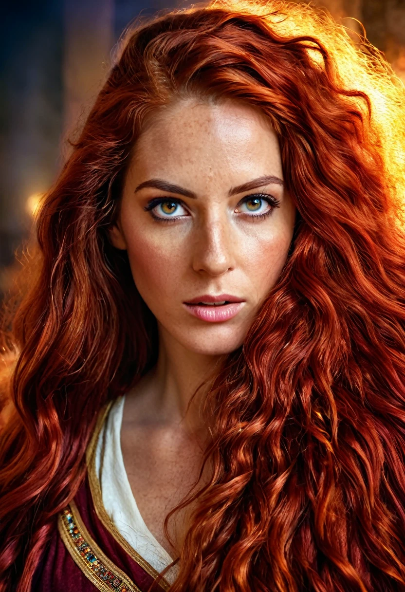 A beautiful Israeli woman, historical figure, in biblical times, detailed portrait, long flowing red hair, intense eyes, regal expression, traditional biblical clothing, dramatic lighting, vivid colors, cinematic composition, (best quality,4k,8k,highres,masterpiece:1.2),ultra-detailed,(realistic,photorealistic,photo-realistic:1.37),digital painting