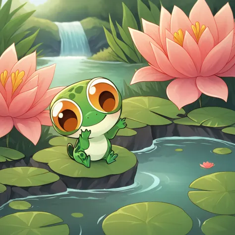 a peaceful lake with greenery around, where a happy frog is jumping from rock to rock, with a big smile on his face.