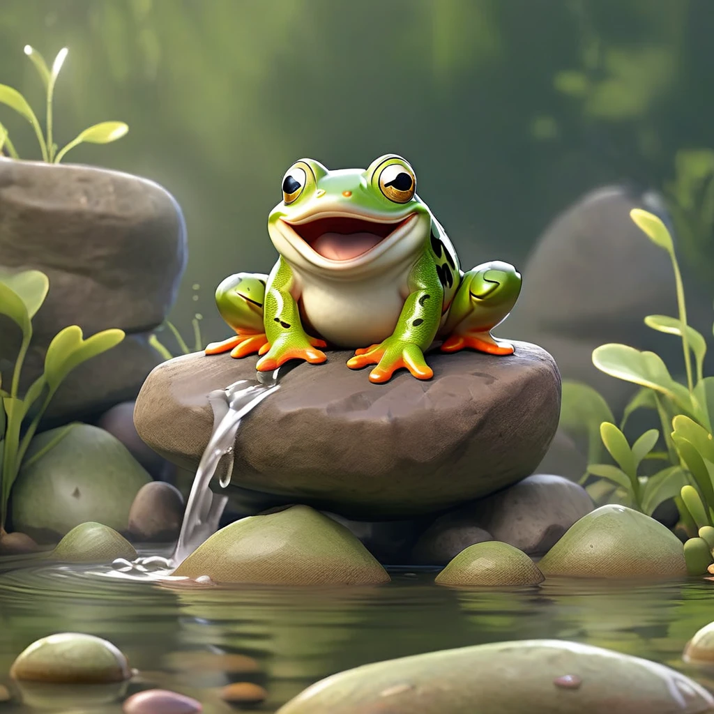 A peaceful lake with greenery around, where a happy frog is jumping from rock to rock, with a big smile on his face.