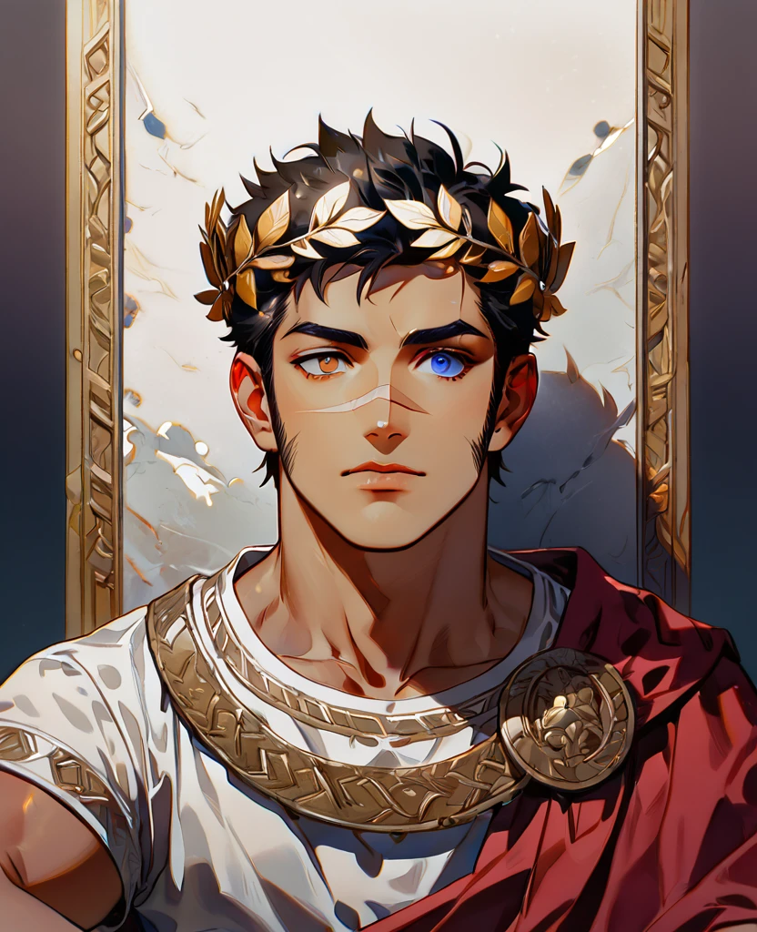 1 Young man, muscle shirt, with a scar on his face, left eye brown, blue right eye, Heterochromia, trapezoidal head, aquiline nose, sunken chin, with long sideburns, short hair castaño con degradación blanco hacia arriba, short hair, golden laurel wreath crown, red cape, tanned skin, wearing Greek clothes, sitting on a stone throne, High resolution,sharp focus,(ultra detailed,extremely detailed), (extremely detailed), (best quality)