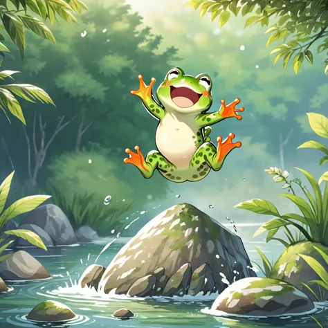 a peaceful lake with greenery around, where a happy frog is jumping from rock to rock, with a big smile on his face.