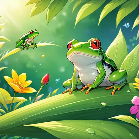 playful frog comes across a green cricket sitting on a leaf. the cricket is looking at the frog curiously, while colorful flower...