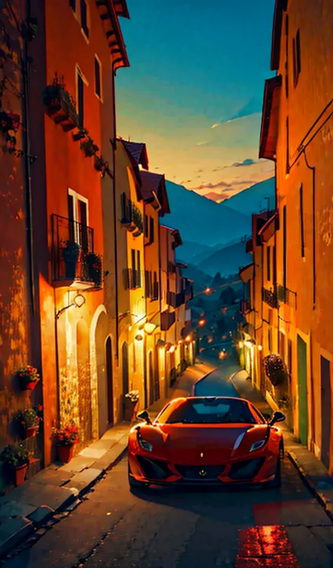 a red ferrari in an italian landscape, ao por do sol