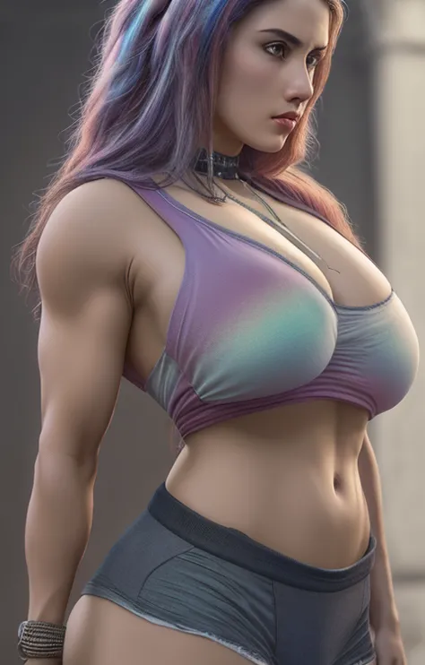 strong muscular beauty，huge breasts， street rage, backpack, epic realism, photo, faded, complex things around, intricate backgro...