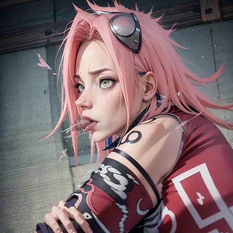 sakura haruno, twelve years old girl, pink hair, green eye, beautifull, high detail,,masterpiece) , deepthroat, big penis with v...