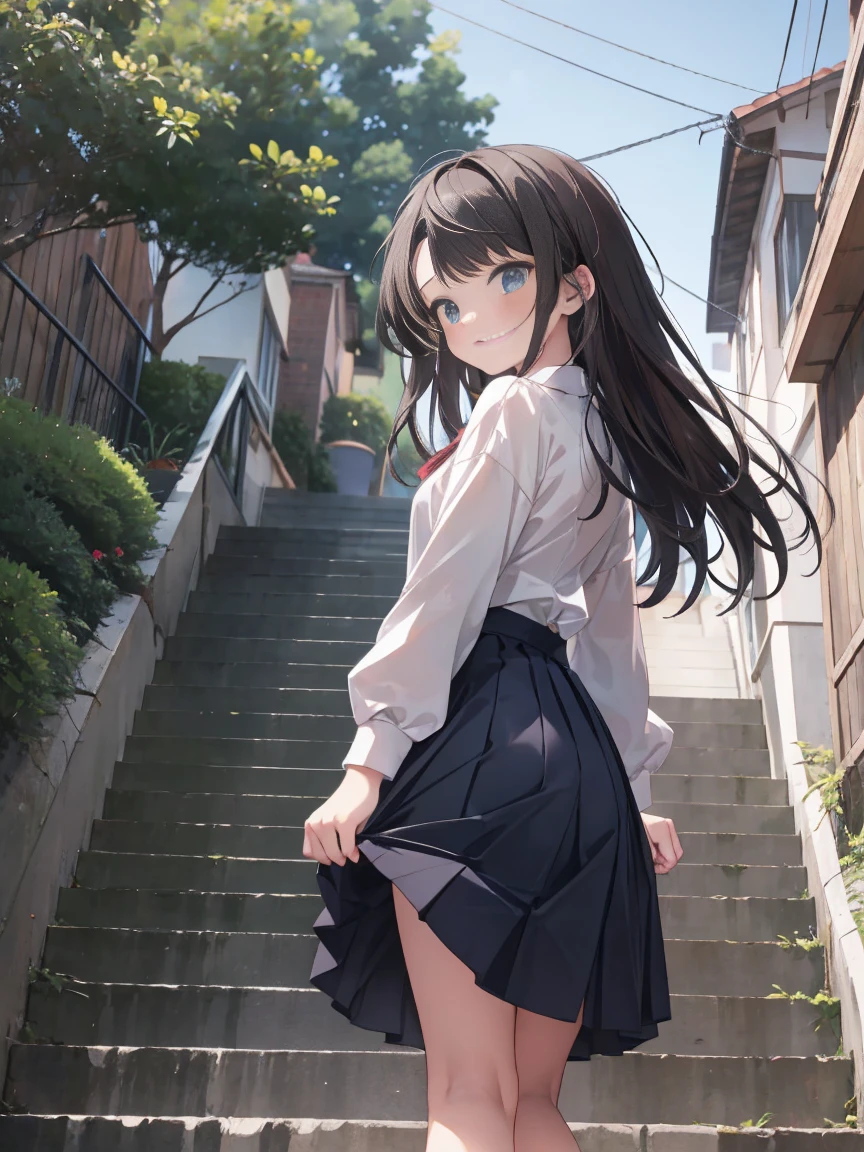 animese anime girl in skirt and blouse, walking up the stairs, 1girl, stairs, skirt, brown hair,long hair,rear view, solo, grey skirt, ((((long skirt)))),school uniform, pleated skirt,(((covering ass))), blush, long sleeves, bangs,((low angle from below)),full body,White panties,bag,clothes tug, skirt tug, wind, wind lift