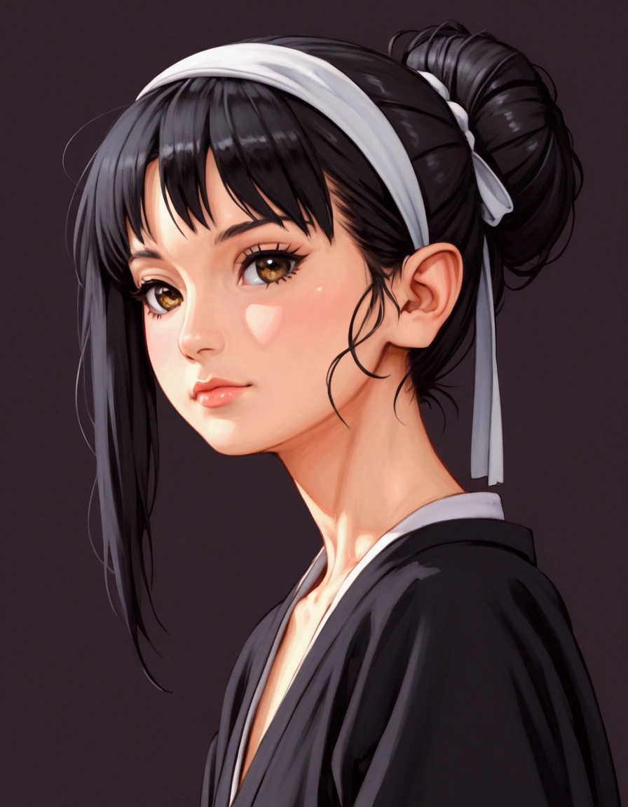 An anime character wearing black hakama with detached sleeves and a bow on her back, elf ears, a beautiful young woman with long black hair tied up in a single bun, wearing a white headband with ribbons on both sides of her head, a lock of hair falling in front of the right side of her face. Detailed anime art, 8k, high resolution, photorealistic, HDR, vivid colors, dramatic lighting, artwork in the style of guweiz, detailed portrait of anime girl, beautiful anime portrait, anime realism style, anime style portrait, anime style 4 k, realistic anime art style, digital art ilya kuvshinov, realistic anime artstyle, ilya kuvshinov. 4 k, portrait anime girl, girl wearing black hakama with detached sleeves