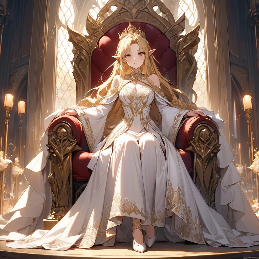 ((Best Quality)), ((masterpiece)), (detailed), （Perfect Face）、The woman was Seras Ashlain, a high elf with medium-long blonde hair wearing a see-through white dress with gorgeous gold embroidery and trim, adorned with gorgeous jewelry and an engagement ring.、On a large, gorgeous throne, a woman is embracing and snuggling with a man of God. An elegant and noble queen who loves and follows the majestic King of God with all her heart.、The man of God is a dignified, sturdy, old, bearded god々He is the king of the