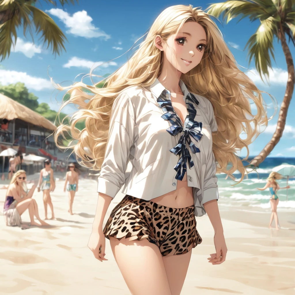 1 girl, High school girl,Long, fluffy, wavy blonde hair,Model body type、Leopard Print Bikini、full body,beach,summer