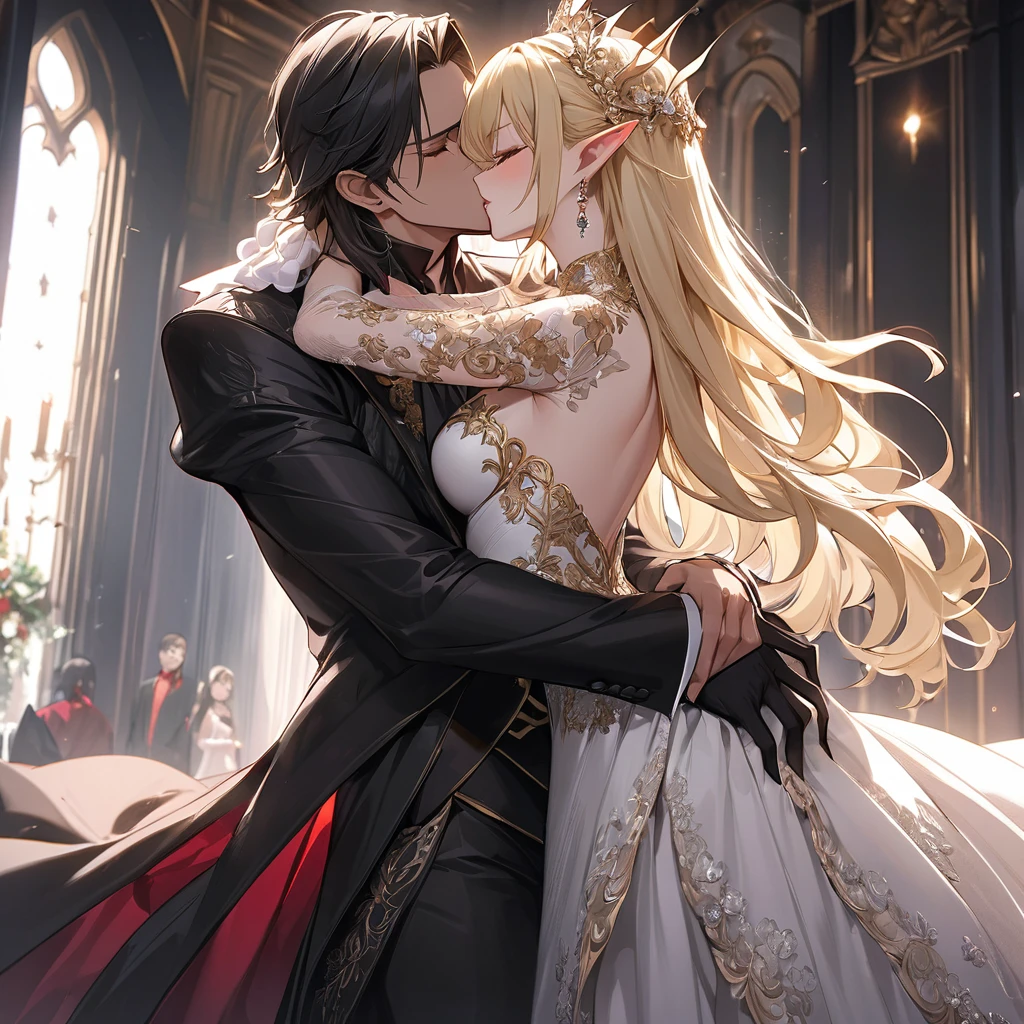 ((Best Quality)), ((masterpiece)), (detailed), （Perfect Face）、The woman was Seras Ashlain, a blonde high elf queen wearing a demonic black wedding dress with gorgeous gold embroidery and trim, adorned with gorgeous jewelry and an engagement ring.、In a luxurious and large evil wedding hall, a woman embraces a devil man, kisses him in a vow, and has a devil wedding.、A dignified demon king and an elegant and refined queen who loves and follows him dearly.、The demon man is the demon king and embraces the woman in love.