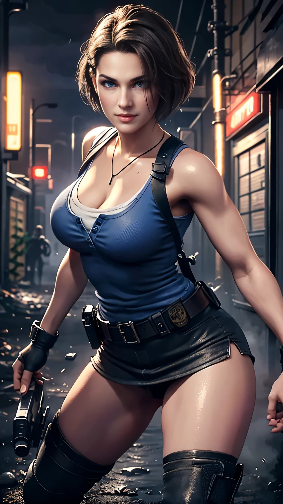 Jill Valentine da resident evil,(best qualityer,4K,8k,high resolution,work of art:1.2)(weather: rain), back alley background, city ruins, short curly hair, brown hair, blue sleeveless top, tight black mini skirt, brown boots, harness, police gear, combat pose, ultra detailed,portrait,realistic,beautiful detailed blue eyes, beautiful detailed lips,extremely detailed eye and face, long eyelashes,average,large breasts,flying hair,beaming smile, sexy smile,powerful girl, bright coloured, dramatic lighting, dirty clothes,