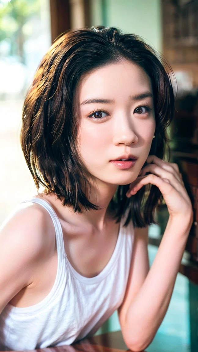 ((Petite women, Sensual woman, No makeup, 柔らかい笑face)), (((Small eyes, length, Narrow eyes))), (Full body portrait, Black Hair, Short Hair, Small breasts, Wearing a white T-shirt, Protruding nipples, Thick pubic hair), White skin, Glossy pale lips, skinny, Body Type, Delicate and sexy collarbone, Best Quality, RAW Photos, Realistic, face, so beautiful, cute, Depth of the written border, High resolution, 超detailed, detailed, Very detailed, extremely detailed eye and face, Sharp pupils, Sharp focus, Cinema Lighting