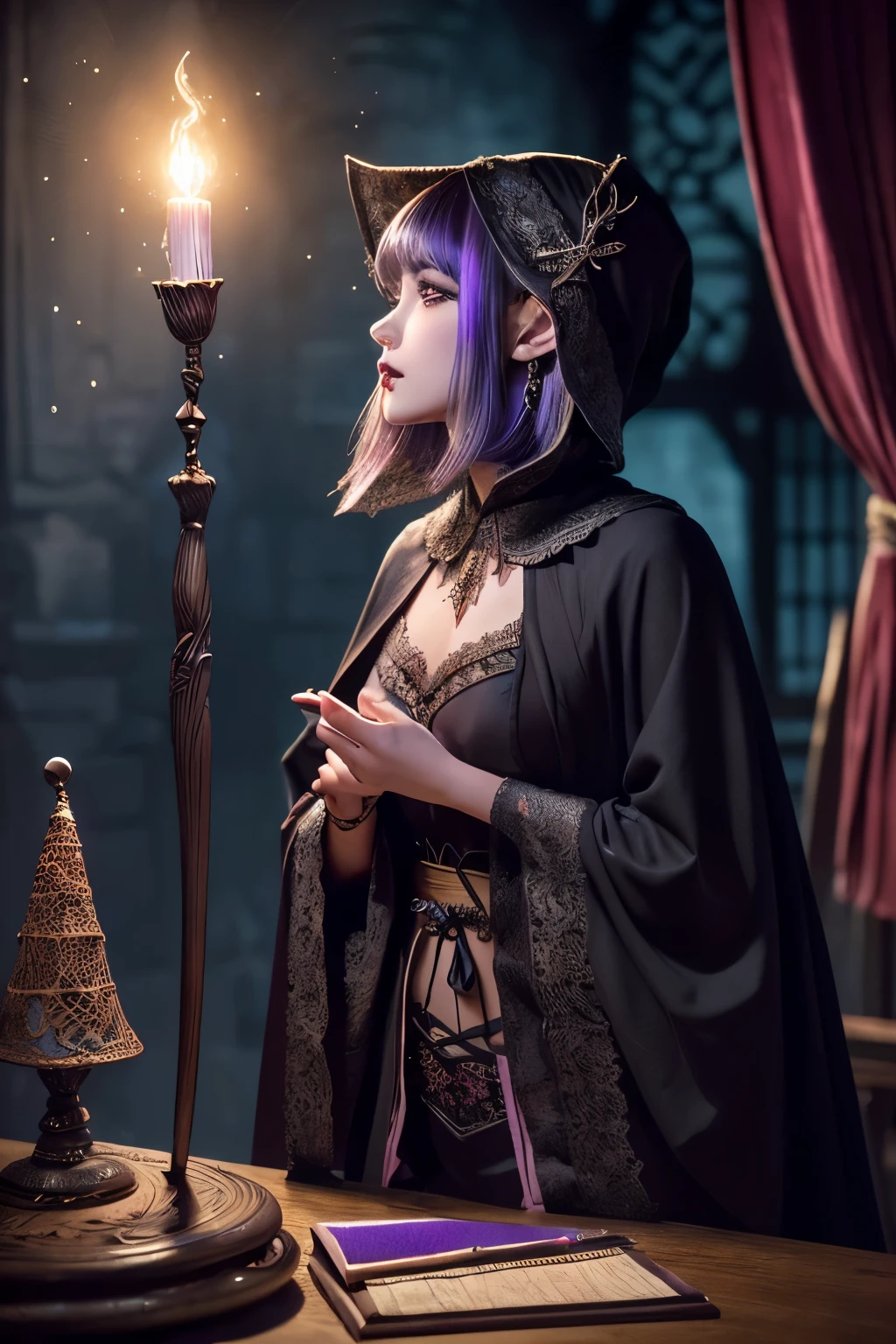 (Ultra-detailed face, looking away, Fantasy Illustration with Gothic, Ukiyo-e, Comic Art, dark tone colors), 
BREAK 
(This is a world with a mixture of medieval Japanese and fantasy style. A store specializing in magical items. At midnight, a small red moon and twinkling stars can be seen through the window curtains. Incense is burning in the room, and a faint smoke is wafting in the air. A softly lit lamp dimly illuminates the room. On the wall shelves are neatly tucked away magic wands and hats, pieces of armor and small arms, long and short swords, maces and bows and arrows, wizard's robes, and undergarments.), 
BREAK 
(A female dark elf wizard, face close, sprinkles particles of magical light on the beautiful lace and embroidered women's undergarments on the desk with a gesture of enchantment. Pink glowing notes appear to float on the surface of the underwear. This can increase the power of the bard's singing and playing.), 
BREAK 
(A young-aged dark elf woman with silver color hair, blunt bangs, disheveled bob hair and dark purple color skin, lavender color eyes. She wears smoky makeup around her eyes. She wears dark eyeliner under her eyes.), 
BREAK 
(The dark elf woman wears a traditional cape dress of lacy Victorian crimson velour fabric with a hair ornament made of colorful tropical bird feathers, sandals woven with purple ribbon, and seven-colored beaded accessories.)