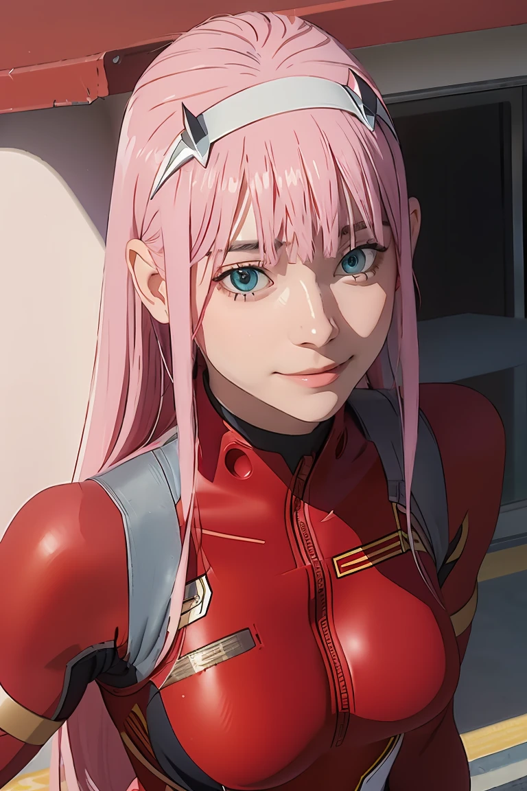 ((best quality)),((highly detailed)),masterpiece,absurdres,detailed face,beautiful face,((detailed eyes, deep eyes)),(1girl),((dynamic pose)), Zero_Two, green eyes, 1girl, solo, red bodysuit, long hair, pilot suit, pink hair, bodysuit, straight hair, hairband, standing, horns, breasts, bangs, closed mouth, looking at viewer, medium breasts, white hairband, skin tight, blunt bangs, makeup, eyeshadow, very long hair, sidelocks, expressionless, hair between eyes, red horns, shiny hair, towards viewer, smile,