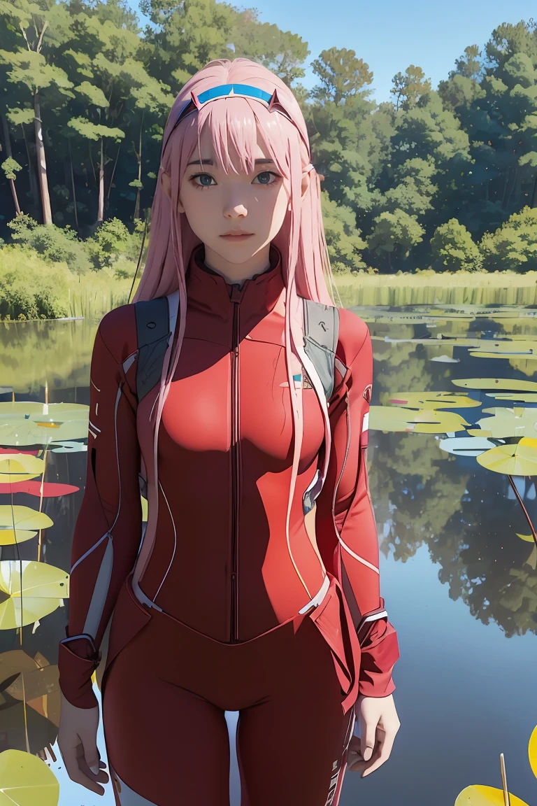 masterpiece, best quality, high res, bbzero2, long hair, horns, hairband, red bodysuit, standing, spacecraft, blue sky, cowboy shot. forest, standing in a pond,, pink hair, half body is in the pond,