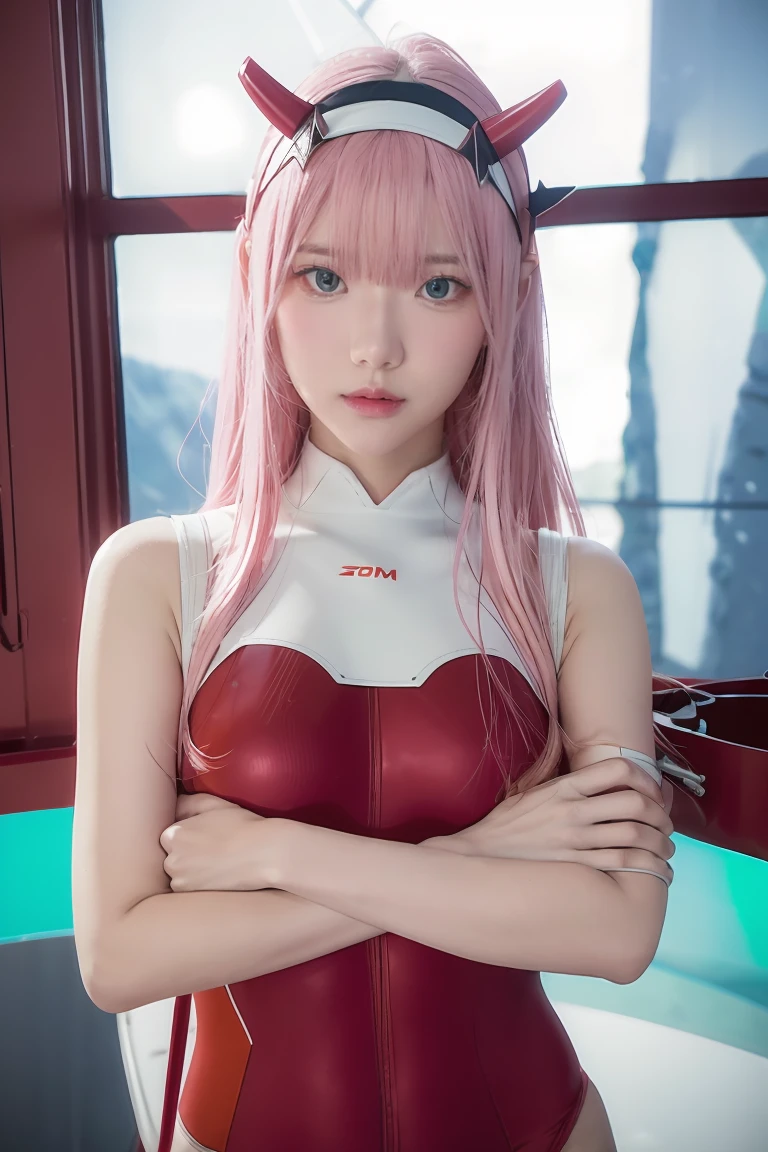 dynamic angle,ultra-detailed, illustration, straight on, 1girl, ((Zero two, interface headband with a pair of horns, red bodysuit:1.4, pink hair)), Her eyes shone like dreamy stars,(glowing eyes:1.233),(beautiful and detailed eyes:1.1),(expressionless, closed mouth),(standing), (mechanic room with tools and spaceship window in a white SPACESHIP), (night:1.2), dreamy, dynamic pose,