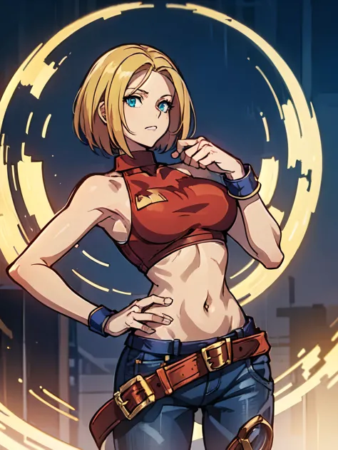 1 girl, blue mary cosplay, red crop top, red blouse, jeans with brown belt, surrealism, dream-like, unrealistic, fashion, salvad...