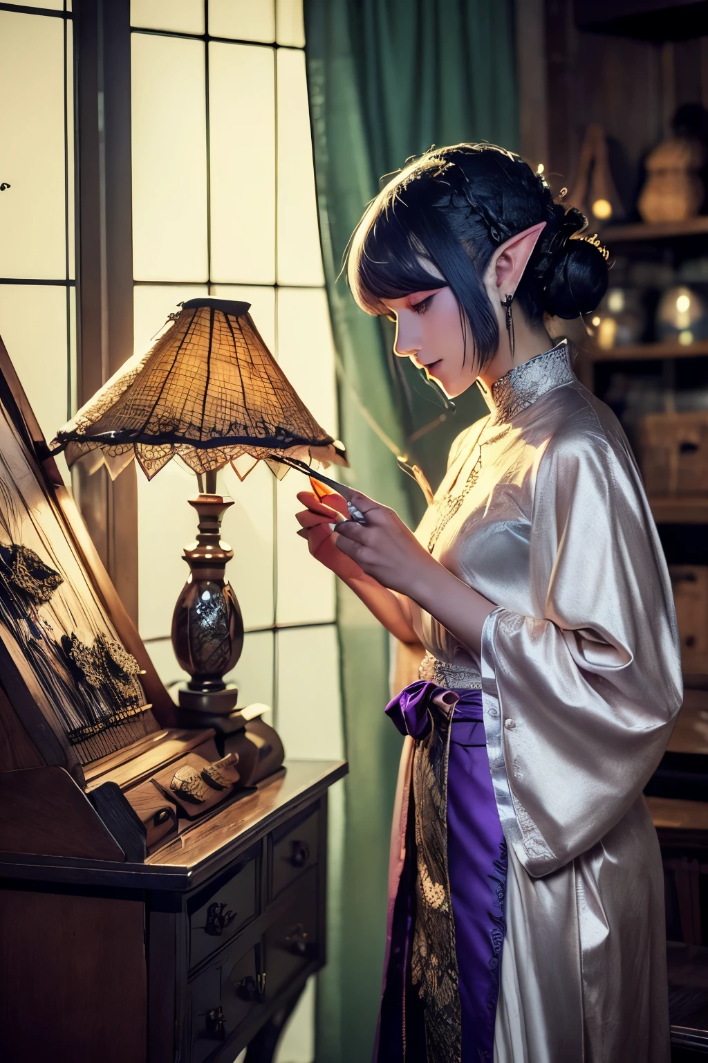 (Ultra-detailed face, looking away, Fantasy Illustration with Gothic, Ukiyo-e, Comic Art, dark tone colors), 
BREAK 
(This is a wooden drapery shop in medieval Japanese style. Late at night, stars can be seen through the window curtains. On a shelf in the room, colorful cloth fabrics are arranged in cylindrical rolls. On another shelf are colorful buttons, shiny threads, yarn balls, and braided strings. A softly lit lamp dimly illuminates the room. Incense is burning.), 
BREAK 
(A female dark elf clothing designer stands beside a large wooden desk cluttered with design drawings, fabrics, buttons, spools of thread, and baskets of jewel-like buttons, wearing on her bare skin a tailored, lacy, embroidered wizard's robe made of lemon velvet fabric with intricate gears in black thread. She checks the workmanship.), 
BREAK 
(A young-aged dark elf woman with silver color hair, blunt bangs, Hair in a bun and dark purple color skin, lavender color eyes. She wears smoky makeup around her eyes. She wears dark eyeliner under her eyes.), 
BREAK 
(A dark elf woman wears a teddy of pure white silk with lace, with a hair ornament made of peacock feathers, sandals woven with reddish purple ribbons, and beaded anklets.)