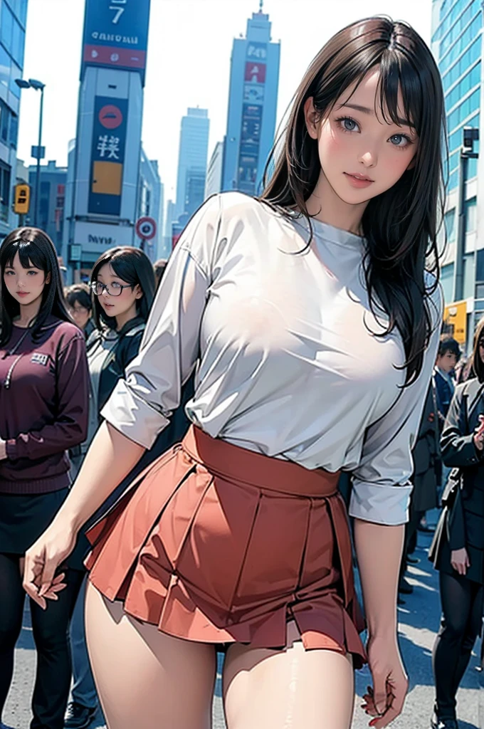 8k wallpaper, Highest quality, Very detailed, masterpiece, Realistic, ((Sharp focus:1.5)), 1 Cute girl in Japan, 20-year-old, ((Face Focus)), ((Plump body type)), Large Breasts, (((Roll up the skirt yourself))), (I lifted it myself), panties, panties focus, blush, Lips parted, View your viewers, Half Body Shot, (crowd), (crowded city), long, straight black hair, A kind smile,