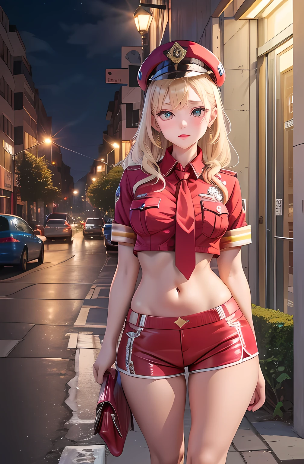 Blonde, Blue colored eyes, Warts under the mouth,  
compensate, lipscurly eyelashes, 
Standing alone, trunk, Standing,  smile, 
night, Streets etc., Cityscape, carriage,  
Police uniform, Police hat, stomach,  Pink shorts, Red Shoes,  Red tie, 
 (Incredibly detailed, Beautifully detailed face, Artwork, Beautiful fine details, Best Quality) 
 