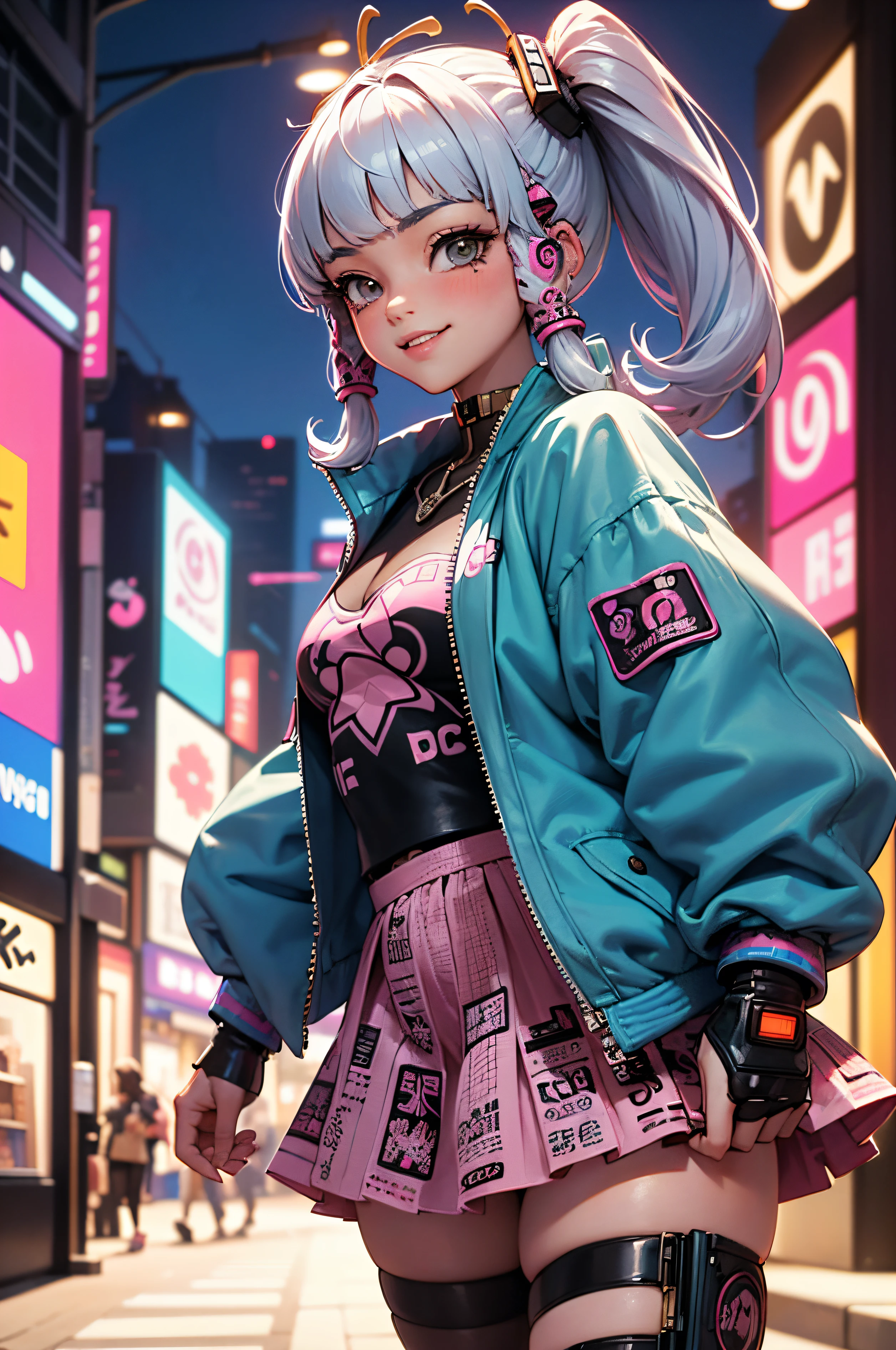 Anime masterpiece, best quality, (((smiling teenaged cyberpunk girl ((wearing detailed Harajuku tech jacket)), (((Harajuku cyberpunk clothing)))), (bold colors and patterns), eye-catching accessories, trendy and innovative hairstyle))), (cowboy shot), ((insane detail)), dazzling Cyberpunk cityscape, skyscrapers, glowing neon signs, (LED lights), anime illustration, detailed skin texture, detailed cloth texture, beautiful detailed face, intricate details, ultra detailed, strong contrast, colorful, dynamic pose.