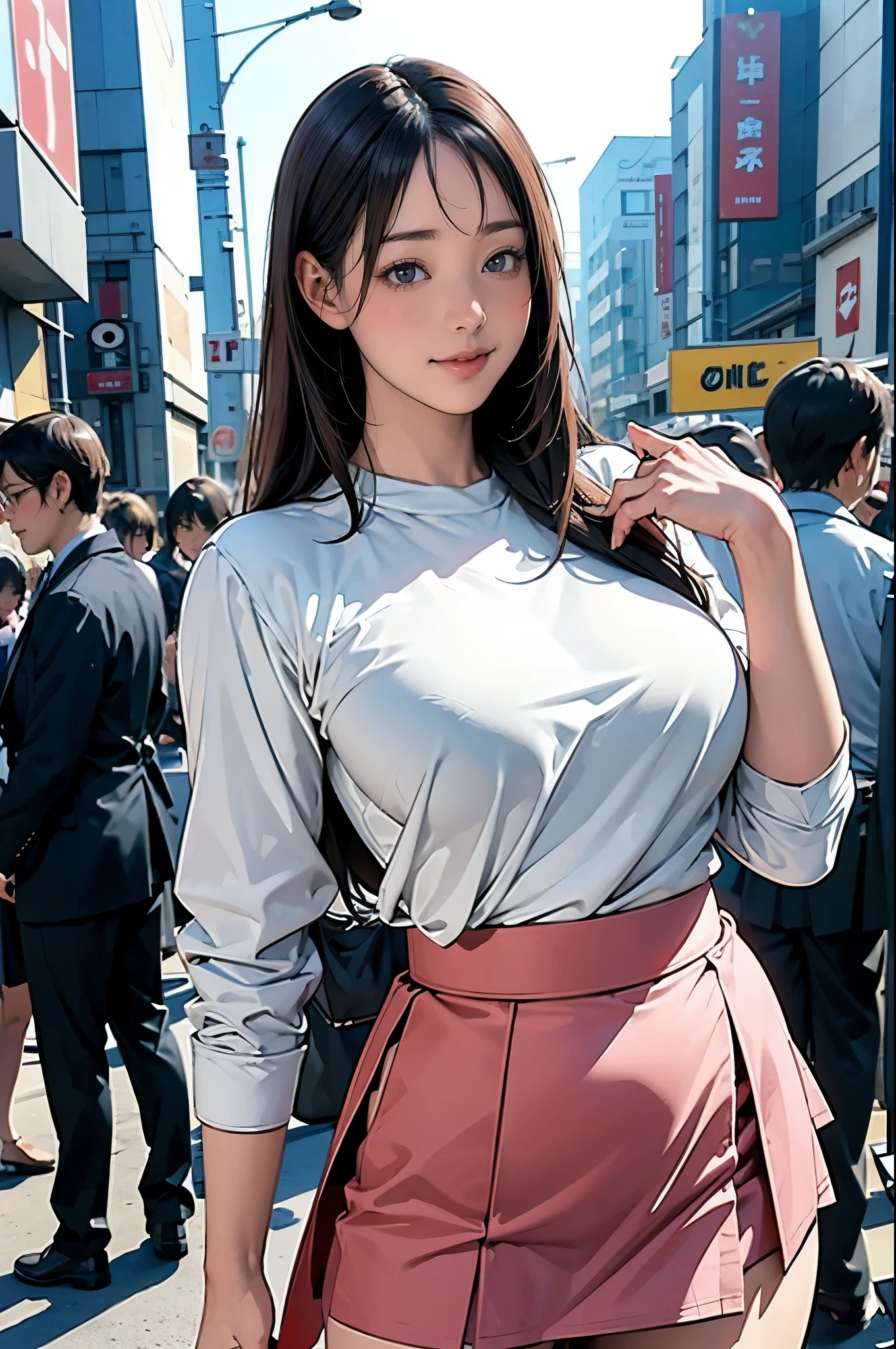 8k wallpaper, Highest quality, Very detailed, masterpiece, Realistic, ((Sharp focus:1.5)), 1 Cute girl in Japan, 20-year-old, ((Face Focus)), ((Plump body type)), Large Breasts, (((Roll up the skirt yourself:1.2))), (I lifted it myself:1.2), panties, panties focus, blush, Lips parted, View your viewers, Half Body Shot, (crowd), (crowded city), long, straight black hair, A kind smile,