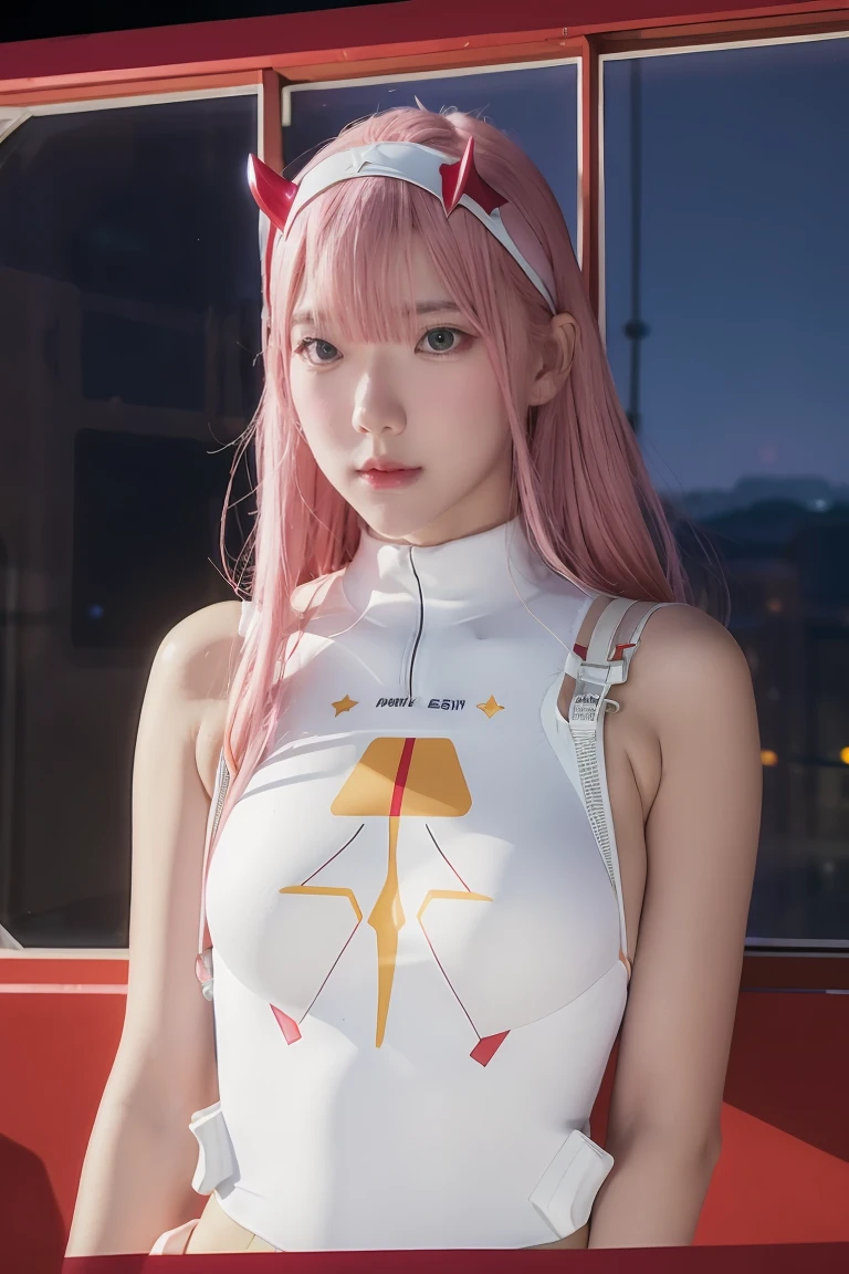 dynamic angle,ultra-detailed, illustration, straight on, 1girl, ((Zero two, interface headband with a pair of horns, red bodysuit:1.4, pink hair)), Her eyes shone like dreamy stars,(glowing eyes:1.233),(beautiful and detailed eyes:1.1),(expressionless, closed mouth),(standing), (mechanic room with tools and spaceship window in a white SPACESHIP), (night:1.2), dreamy, dynamic pose,