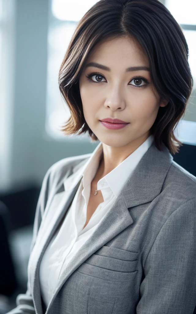 ((Best Quality, 8k, masterpiece, Portraiture: 1.3)),Photorealistic, Sharp focus, Glare, Beautiful Japanese Office Lady, Grey blazer, White shirt,To the computer, Working, Wavy Hair, ((Double eyelids, eyelash, Lip gloss)), (Wrinkles around the eyes:0.6),Daytime office