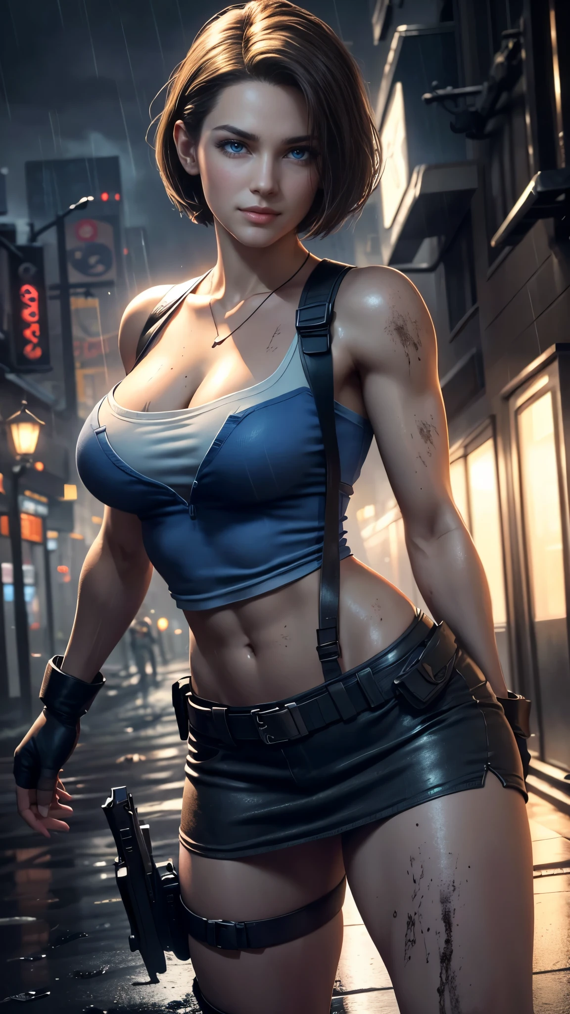 Jill Valentine da resident evil,(best qualityer,4K,8k,high resolution,work of art:1.2)(weather: rain), back alley background, city ruins, short curly hair, brown hair, blue strapless top, tight black mini skirt, brown boots, harness, police gear, sexy pose, ultra detailed,portrait,realistic,beautiful detailed blue eyes, beautiful detailed lips,extremely detailed eye and face, long eyelashes,average, medium breasts,flying hair,beaming smile, sexy smile,powerful girl, bright coloured, dramatic lighting, dirty clothes, muddy body,