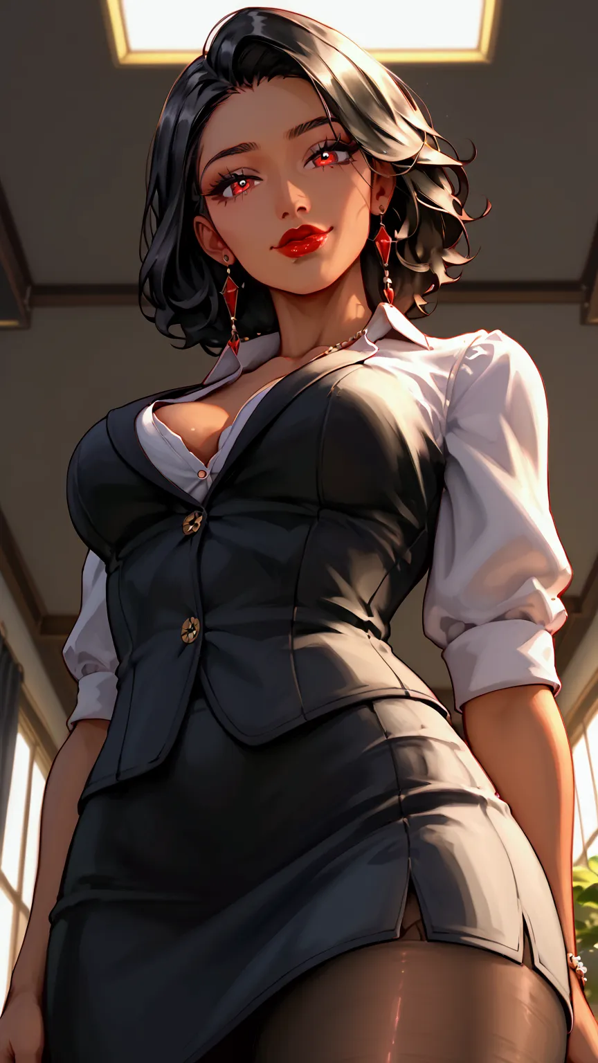 uhd, score_9, score_8 up, and score_7 up.1girl,dark skin,cleavage, dark skinned office lady, beautiful detailed eyes, beautiful ...