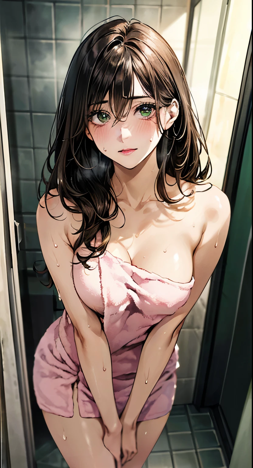 (masterpiece:1.3, top-quality, ultra high resolution, ultra detailed), (realistic, photorealistic:1.4), beautiful illustration, perfect lighting, natural lighting, depth of fields, nsfw, 
beautiful detailed hair, beautiful detailed face, beautiful detailed eyes, beautiful clavicle, beautiful body, beautiful chest, beautiful thigh, beautiful legs, beautiful hands, shiny skin, 
looking at viewer, face focus, upper body, 1 girl, high school girl, (perfect anatomy, anatomically correct, super detailed skin), cute and symmetrical face, perfect face, perfect eyes, 
(long hair, straight hair, dark brown hair), hair between eyes, emerald green eyes, big eye, long eye lasher, (medium breasts, seductive thighs), babyface, slender, outstanding style, 
((detailed cloth texture, naked light pink towel, sweaty)), 
(beautiful scenery), evening, ((outside shower room)), standing, (upper eyes, embarrassed),