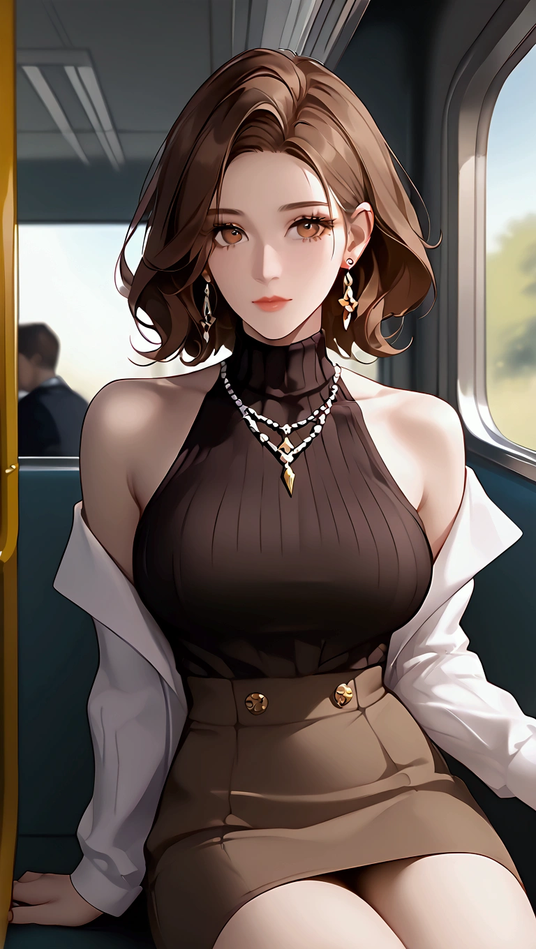 art,UHD masterpiece: a stunning office lady, score_9, with brown hair and eyes, sitting elegantly in a train interior. She wears a sleek black shirt with bare shoulders, belted at the waist, and a brown skirt that falls just above her knees. Her large breasts are subtly showcased under the blouse's ribbed texture. A delicate necklace adorns her neck, complemented by earrings. Her mole is subtly visible on her armpit. She gazes off to the side, open-mouthed in thought, with her hair framing her face. The camera captures a blurry background, with the subject in sharp focus.