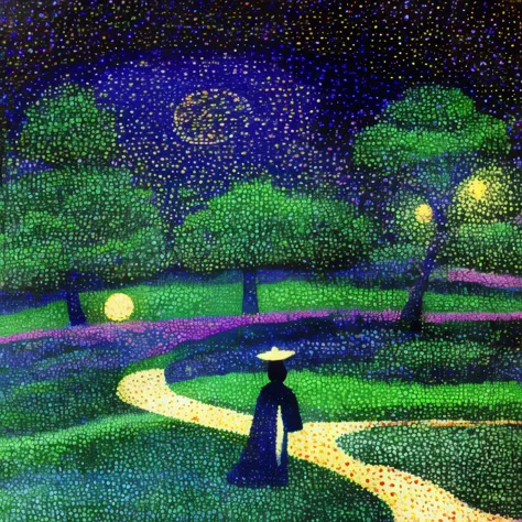 pointillism of a woman、woman standing in a garden at night