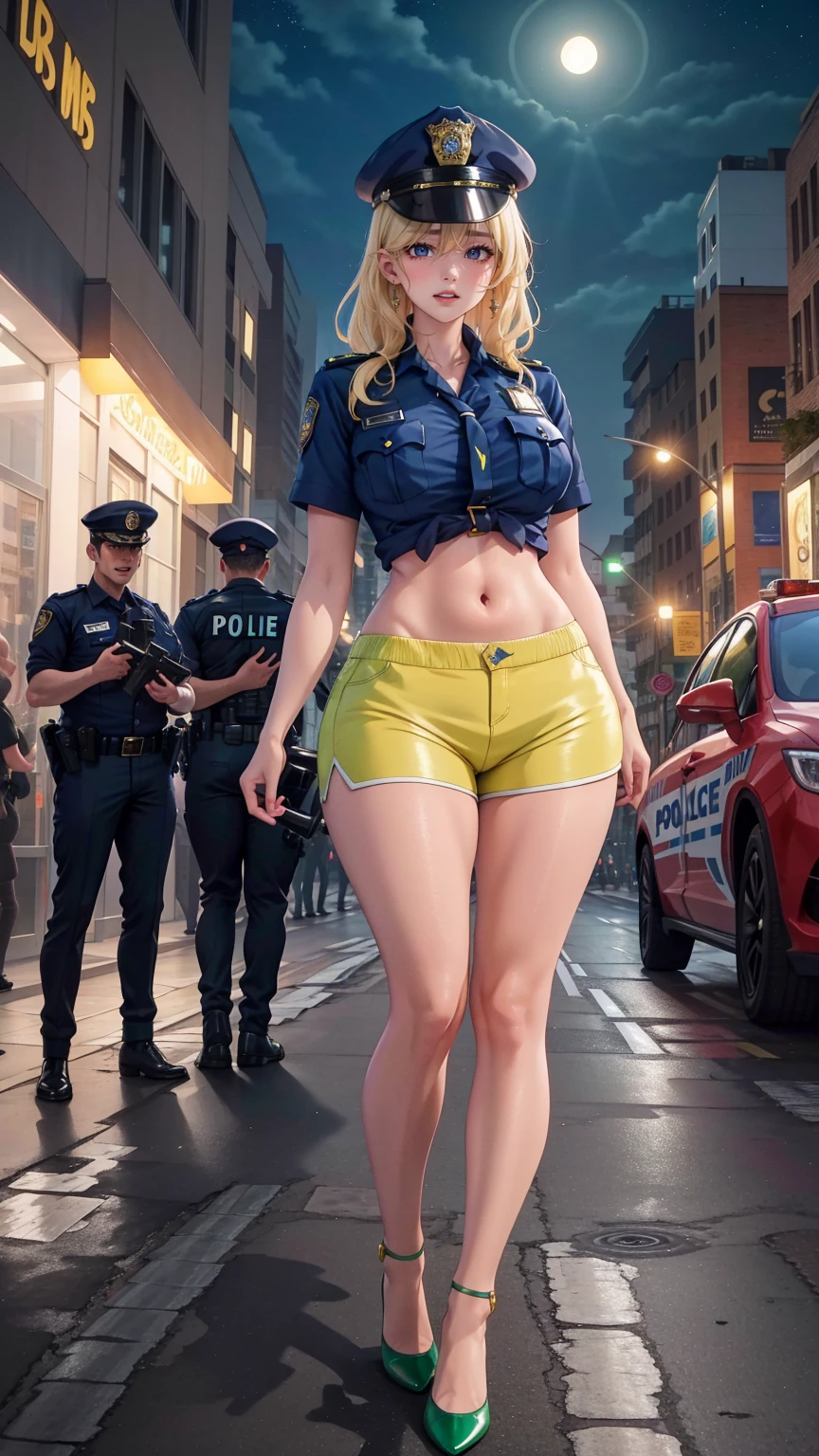 blonde, Blue colored eyes,Hair over one eye,  
Compensate, Lips Curled Eyelashes, 
Standing alone, trunk, Standing,  smile, 
night, Streets etc.., Cityscape, carriage,  
Police uniform, Police hat, Stomach,  Yellow and green shorts, Green High Heels,  black tie, 
 (Incredibly detailed, Beautifully detailed face, Artwork, Beautiful details, Best Quality) 
 