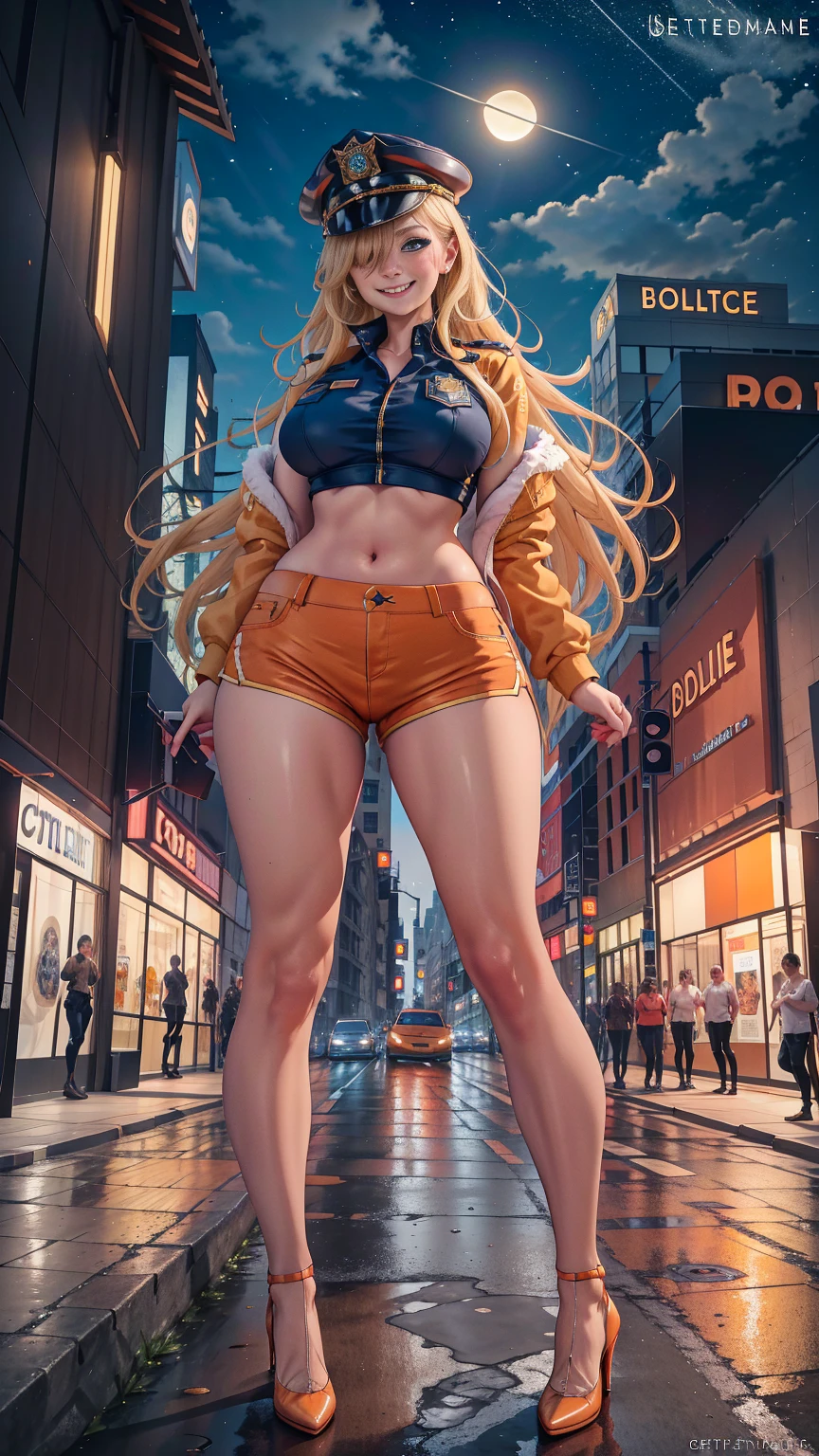 blonde, Blue colored eyes,Hair falling over one eye,  
Compensate, Lips Curled eyelashes, 
Standing alone, trunk, Standing,  smile, 
night, Streets etc..., Cityscape, carriage,  
Orange police uniform, Police hat, Stomach,  Orange shorts, Red high heels,  Orange Tuxedo, 
 (Incredibly detailed, Beautifully detailed face, Artwork, Beautiful details, Best Quality) 
 