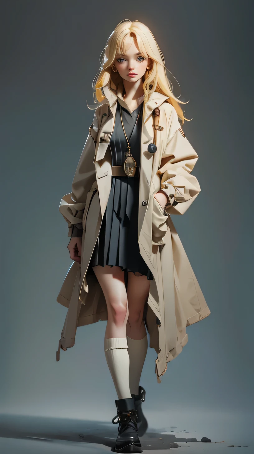 8k, High resolution, Imagine high quality, detailed, realistic and complex full body character designs., A short, beautiful English girl with small hands named Amelia Watson, Medium long blonde hair, He has bright blue eyes and wears a beige detective coat, Dark pleated skirt, Tight black thigh-high socks, leg garter, Pocket watch necklace on a dark gray background　Inside the dark ruins　Pale skin