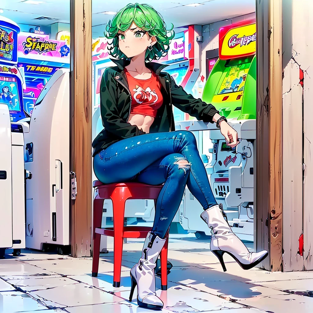 ((1girl, solo ,alone, ((tatsumaki, green hair, green eyes, short hair, fitness, short stature, small bust)), beautiful)), ((solo, 1woman, , Extremely detailed, ambient soft lighting, 4k, perfect eyes, a perfect face, perfect lighting, a 1girl)), austere, ((fitness, , shapely body, athletic body, toned body)) , (( teenage girl, arcade, video games, (( small bust, black sweatshirt, red t-shirt, printed t-shirt)), jeans, high heeled boots, stiletto heels, earrings, bracelets, nerd, sitting, crossed legs))