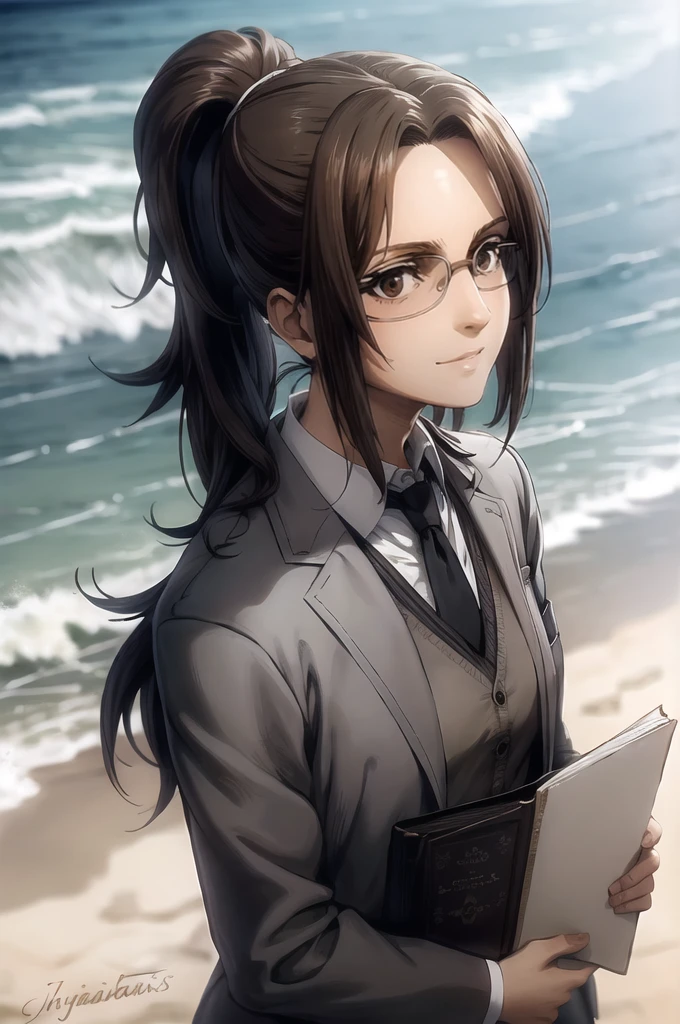 portrait of beautiful HangeAOT, 1girl, solo, brown_hair, glasses, eyepatch, Grey suit with perfect tie , Masterpiece , background a beach with sea , realistic hands , Detailed realistic painting, hd,, White silk shirt, black tie, Messy ponytail, Perfect detailed body ((eyelashes))
((Greek nose))Sonrisa, Modelo HD, leyendo libro,Feliz, Looking at the sea